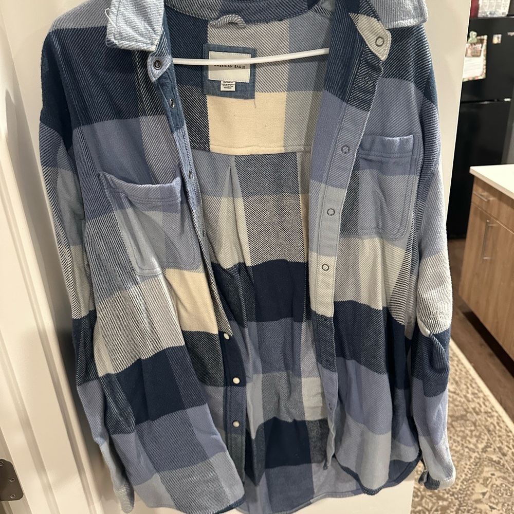 Blue and White Plaid Button-Up Shirt